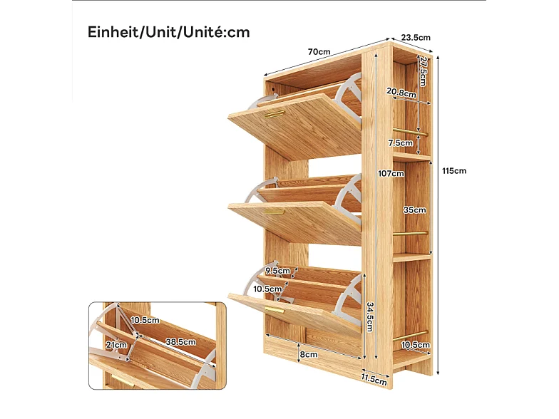 Meuble à chaussures en bois - 70 x 23.5 x 11.5 cm - design à 3 portes + étagères ouvertes - MDF - naturel