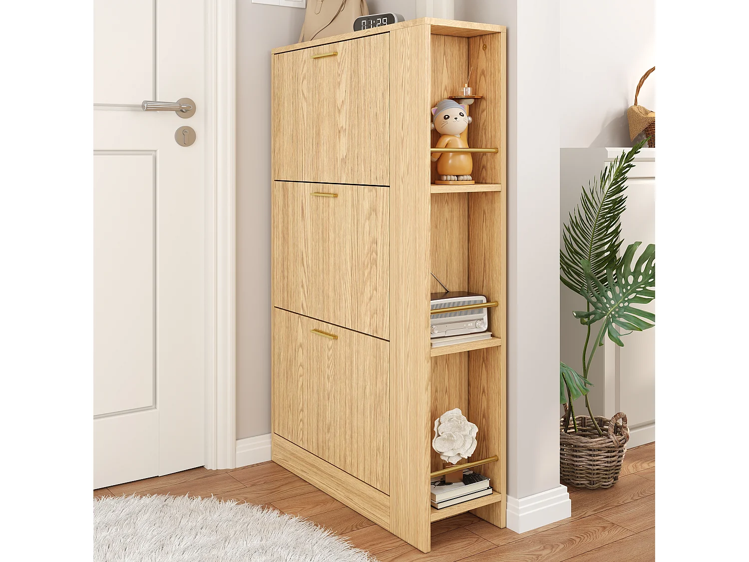 Meuble à chaussures en bois - 70 x 23.5 x 11.5 cm - design à 3 portes + étagères ouvertes - MDF - naturel