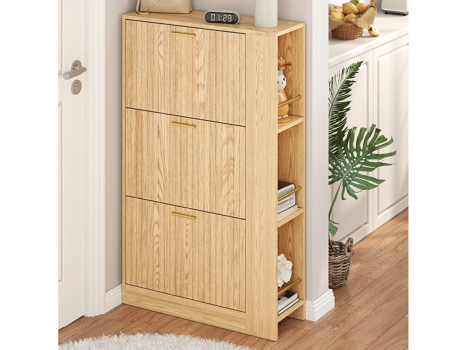 Meuble à chaussures en bois - 70 x 23.5 x 11.5 cm - design à 3 portes + étagères ouvertes - MDF - naturel