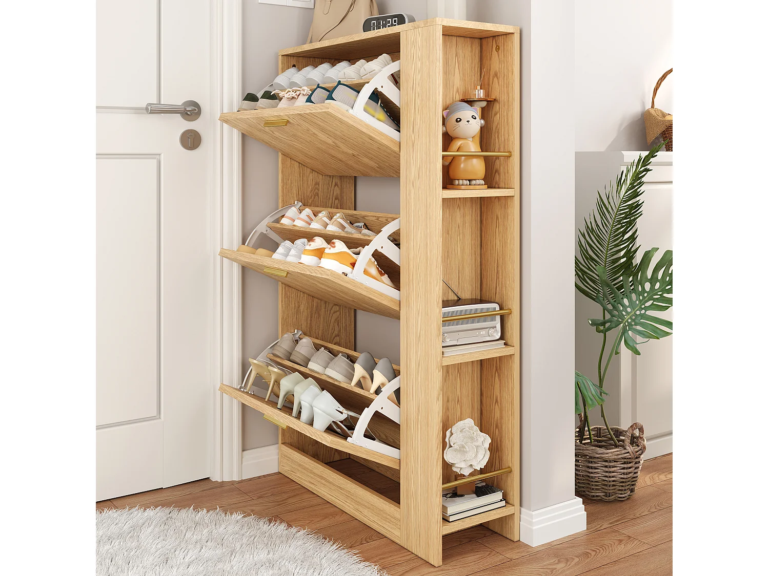 Meuble à chaussures en bois - 70 x 23.5 x 11.5 cm - design à 3 portes + étagères ouvertes - MDF - naturel