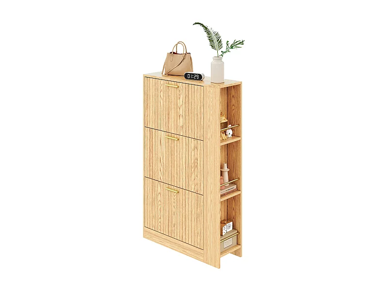 Meuble à chaussures en bois - 70 x 23.5 x 11.5 cm - design à 3 portes + étagères ouvertes - MDF - naturel