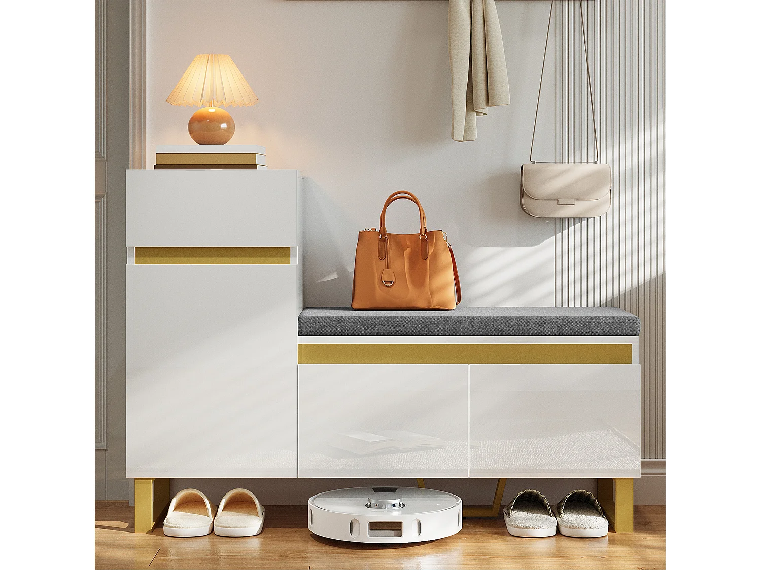 Schuhschrank für den Eingangsbereich – 120 x 35 x 85 cm – mit 2 Türen, 1 Schublade und Sitzbank – MDF – weiß