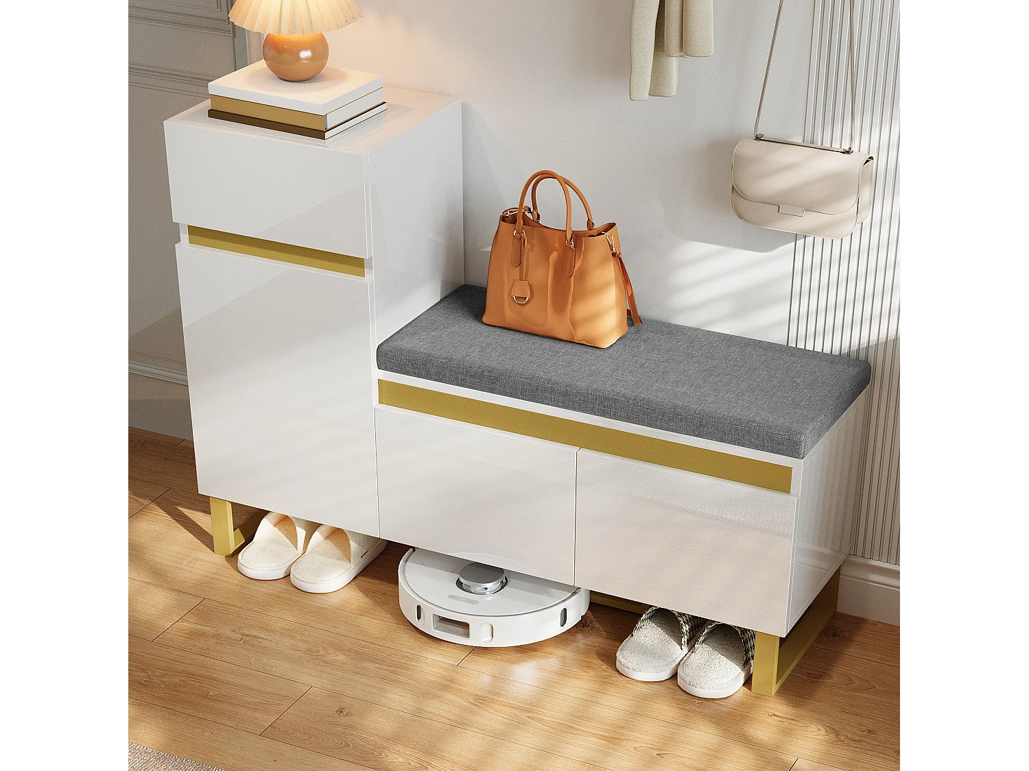 Schuhschrank für den Eingangsbereich – 120 x 35 x 85 cm – mit 2 Türen, 1 Schublade und Sitzbank – MDF – weiß