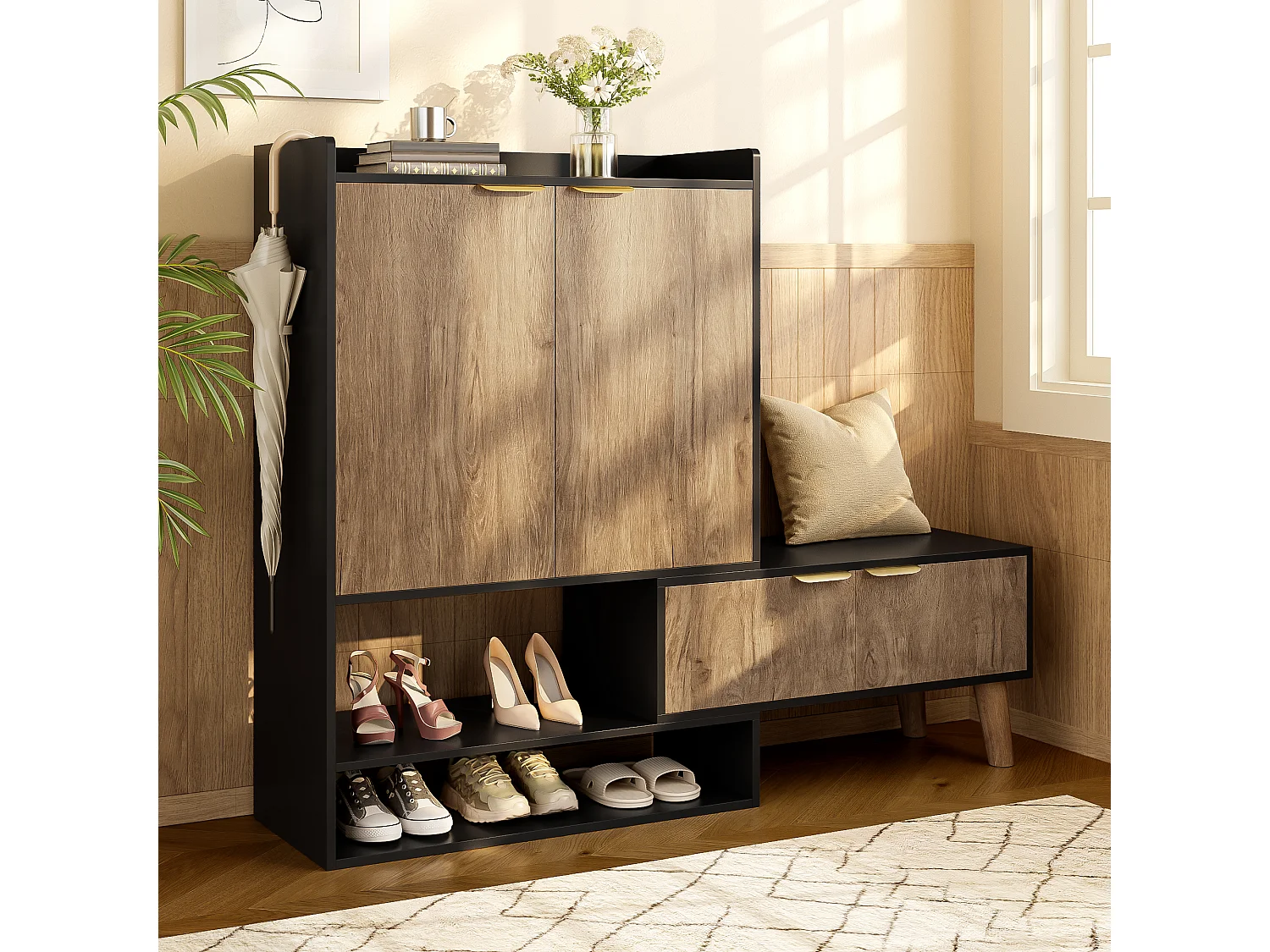 Schuhschrank mit ausziehbarem Drehsitz – 87 x 35 x 113 cm – mit Einlegeböden und 4 Türen – Spanplatte – schwarz + natur