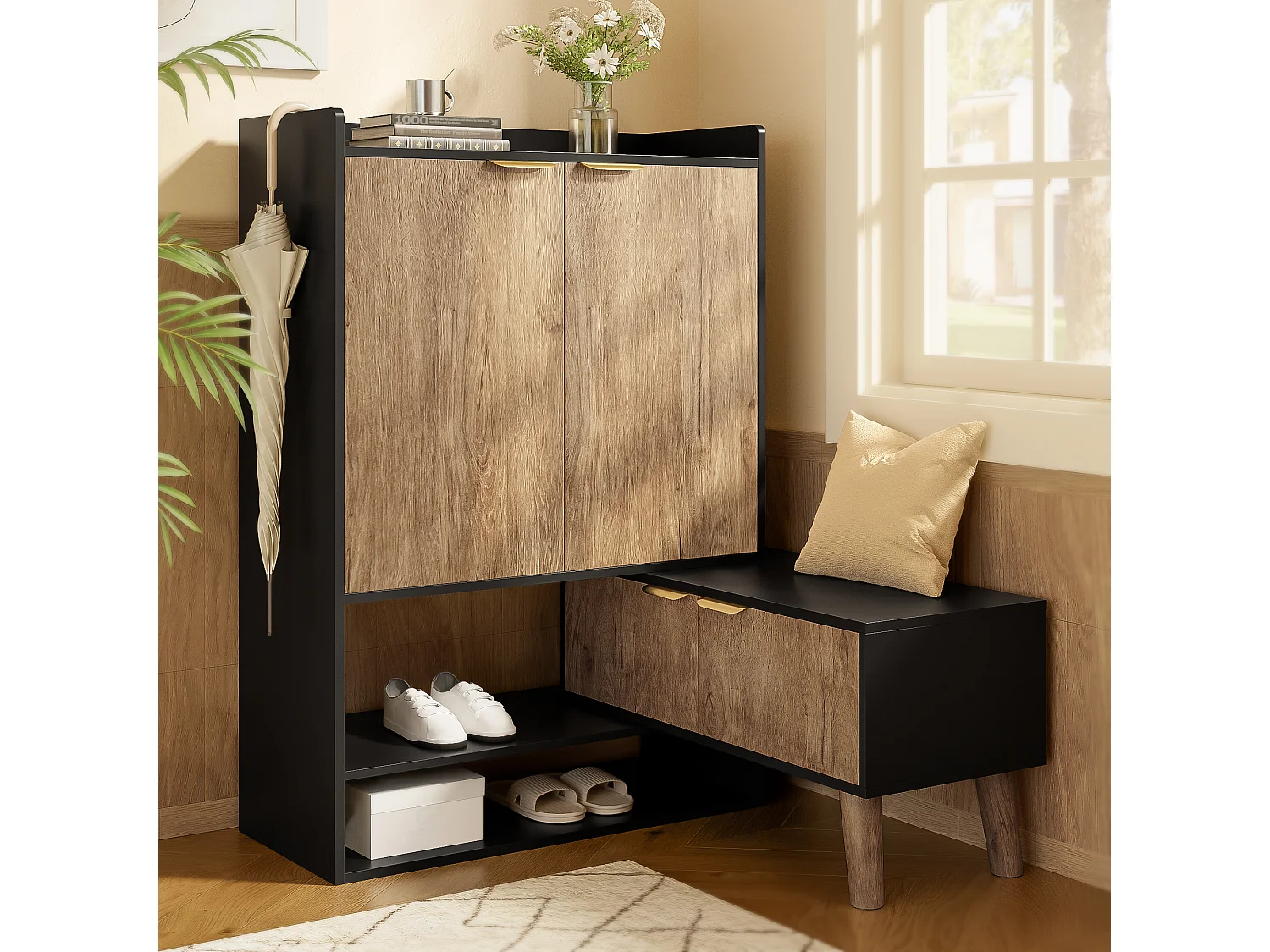 Schuhschrank mit ausziehbarem Drehsitz – 87 x 35 x 113 cm – mit Einlegeböden und 4 Türen – Spanplatte – schwarz + natur