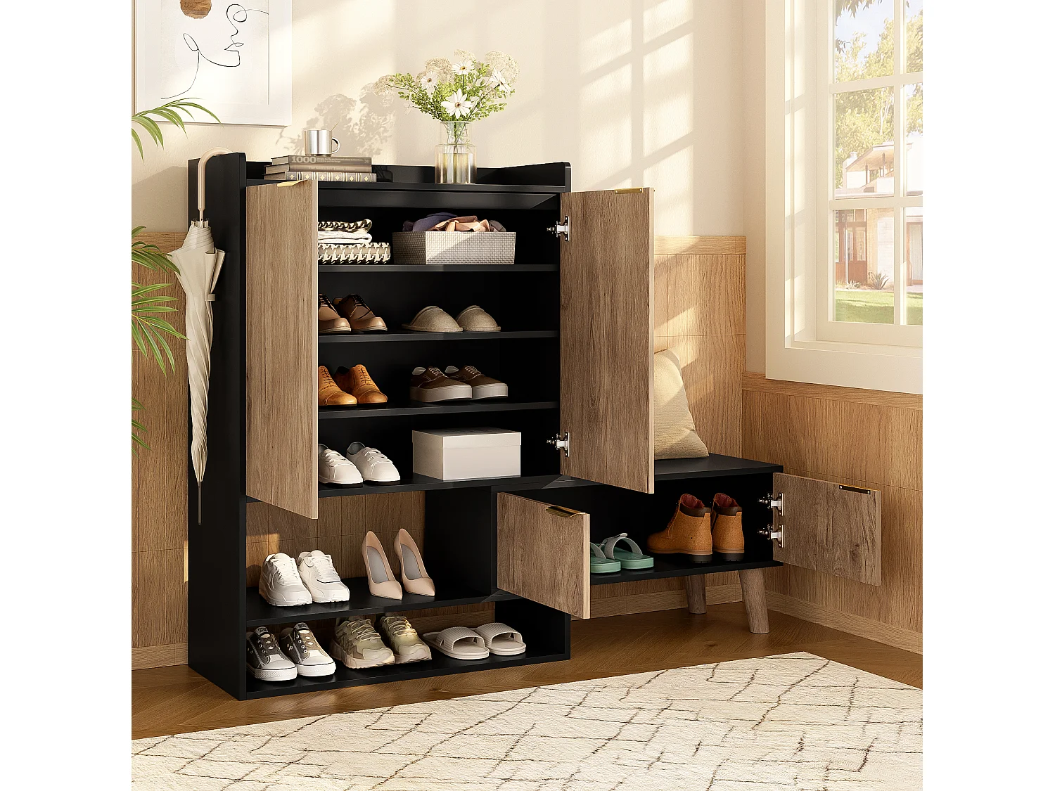 Schuhschrank mit ausziehbarem Drehsitz – 87 x 35 x 113 cm – mit Einlegeböden und 4 Türen – Spanplatte – schwarz + natur