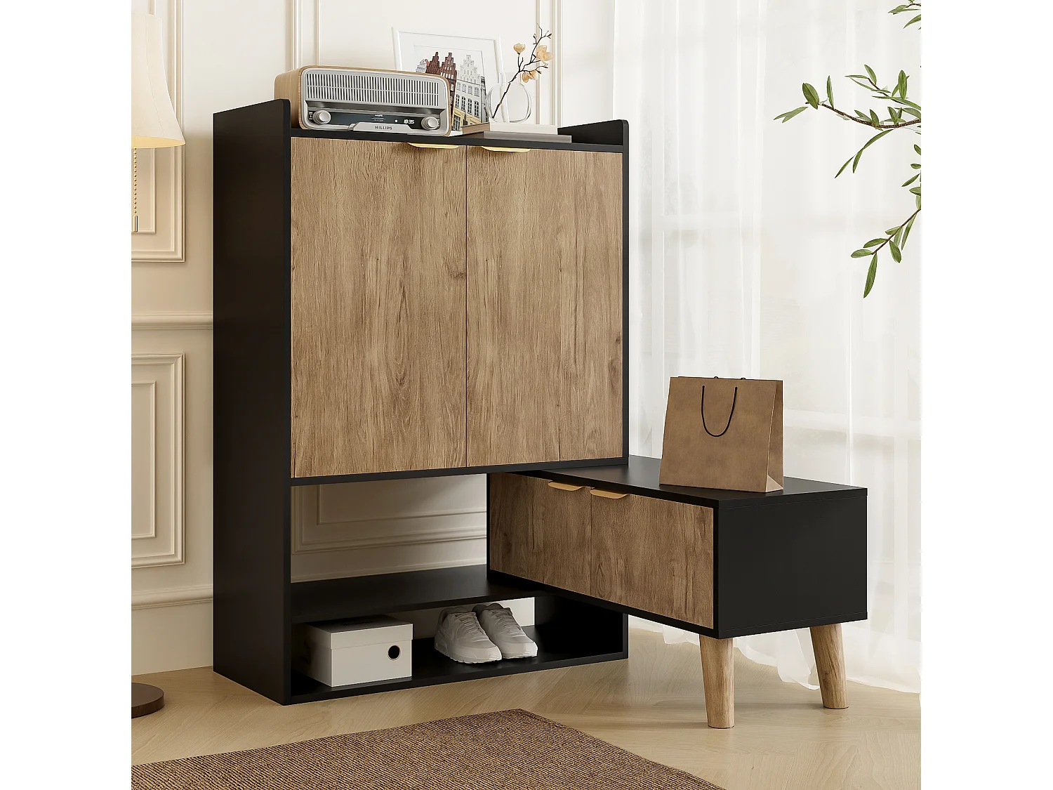 Schuhschrank mit ausziehbarem Drehsitz – 87 x 35 x 113 cm – mit Einlegeböden und 4 Türen – Spanplatte – schwarz + natur