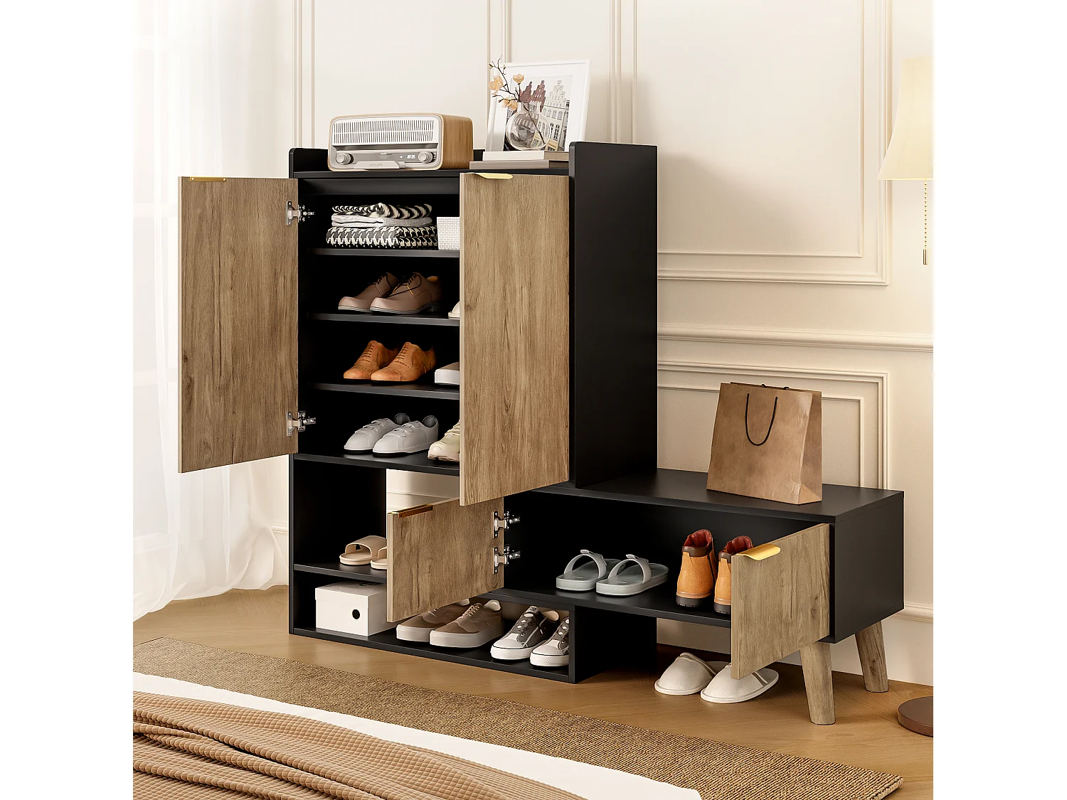 Schuhschrank mit ausziehbarem Drehsitz – 87 x 35 x 113 cm – mit Einlegeböden und 4 Türen – Spanplatte – schwarz + natur