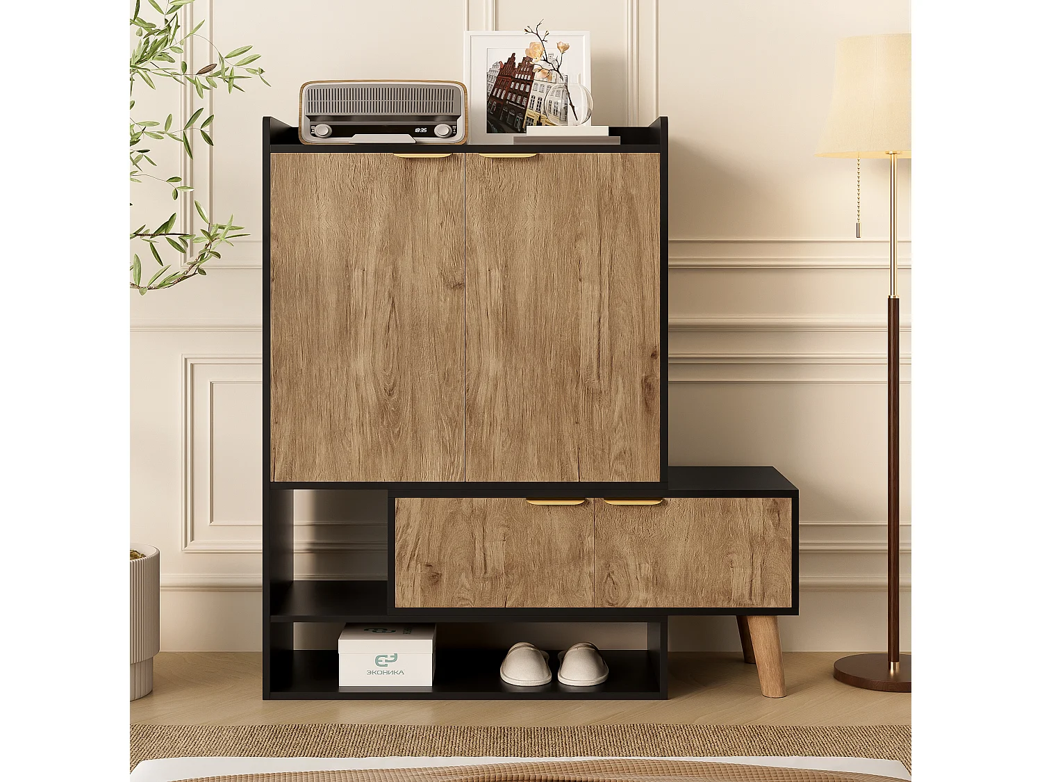 Schuhschrank mit ausziehbarem Drehsitz – 87 x 35 x 113 cm – mit Einlegeböden und 4 Türen – Spanplatte – schwarz + natur