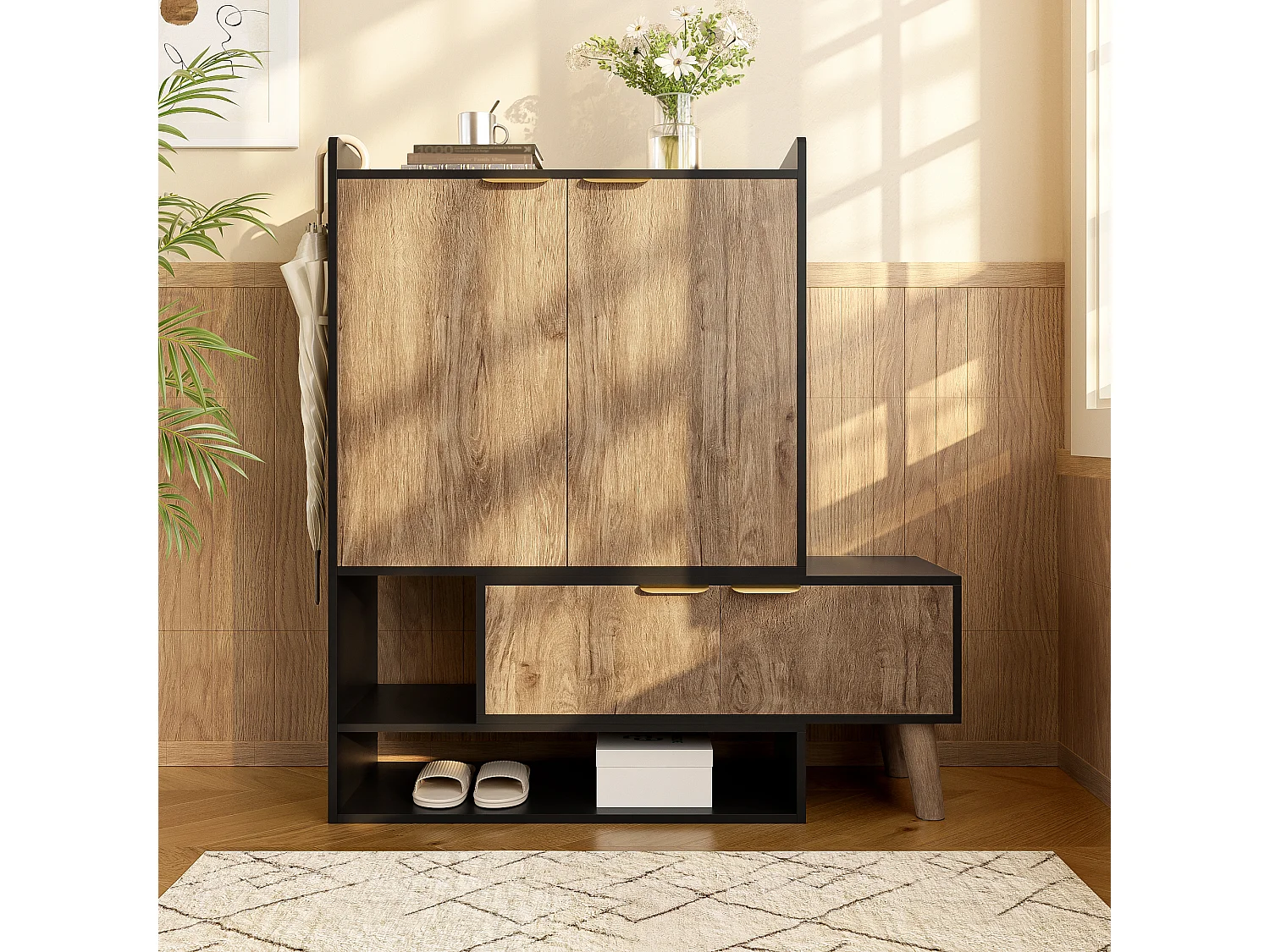 Meuble à chaussures avec siège pivotant extensible - 87 x 35 x 113 cm - avec étagères + 4 portes - aggloméré - noir + naturel