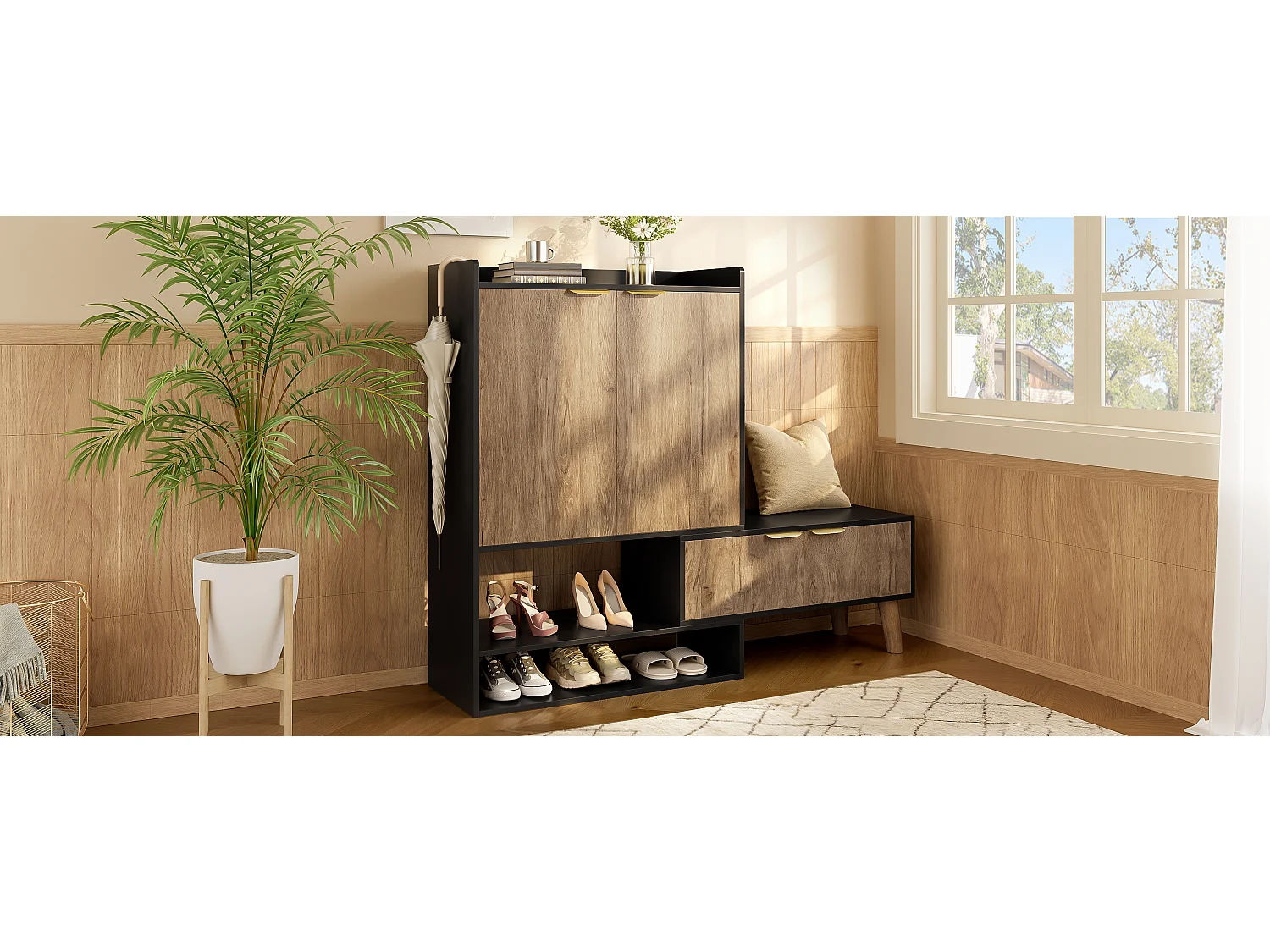 Meuble à chaussures avec siège pivotant extensible - 87 x 35 x 113 cm - avec étagères + 4 portes - aggloméré - noir + naturel