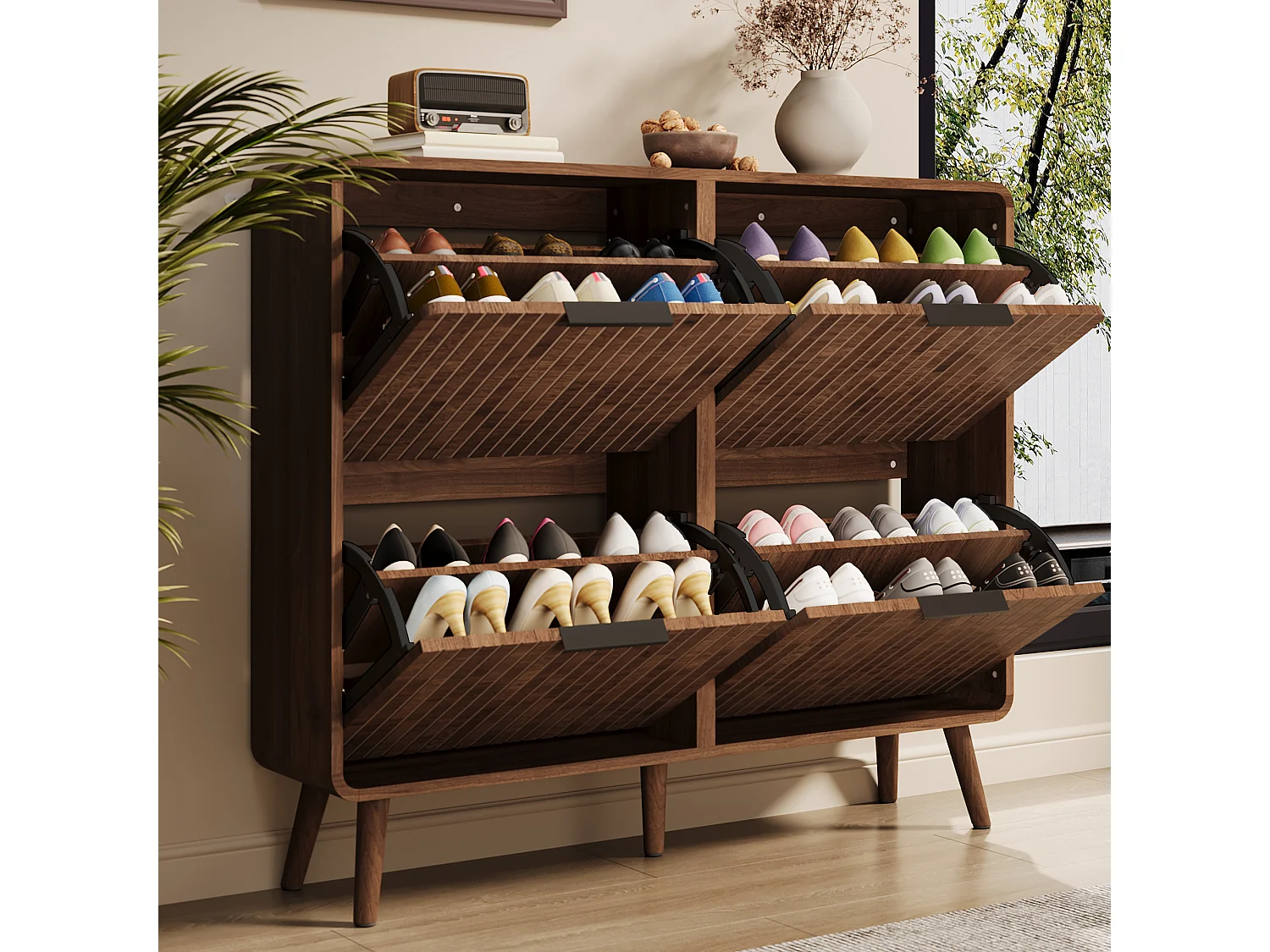 Moderner Schuhschrank aus Walnussholz – 105 x 24 x 90 cm – mit 2 Einlegeböden – MDF – braun