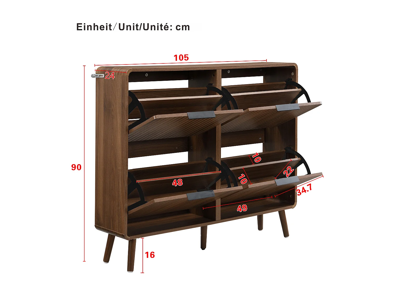 Moderner Schuhschrank aus Walnussholz – 105 x 24 x 90 cm – mit 2 Einlegeböden – MDF – braun