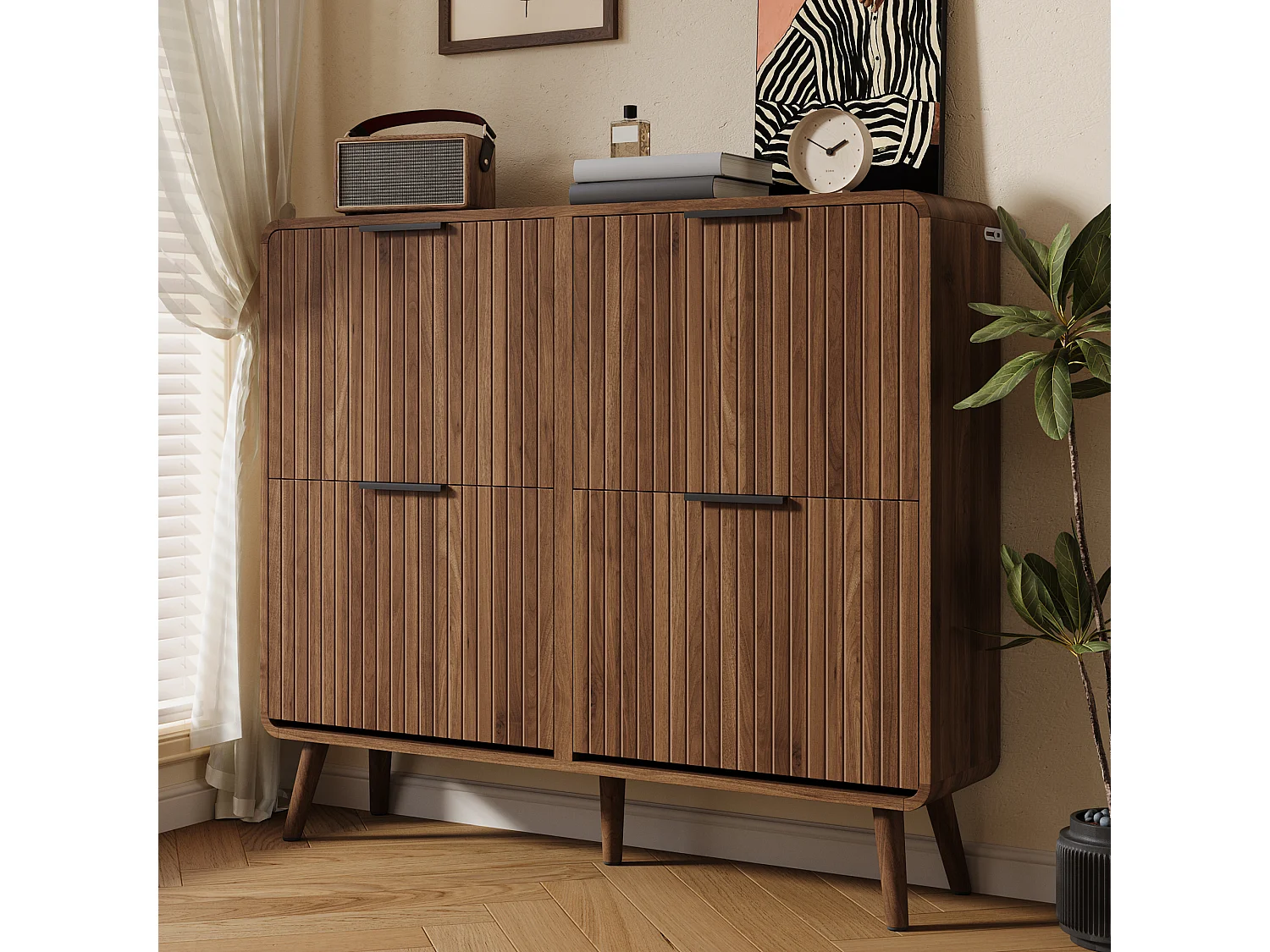 Modernt skoskåp i valnöt - 105 x 24 x 90 cm - med 2 hyllor - MDF - brun