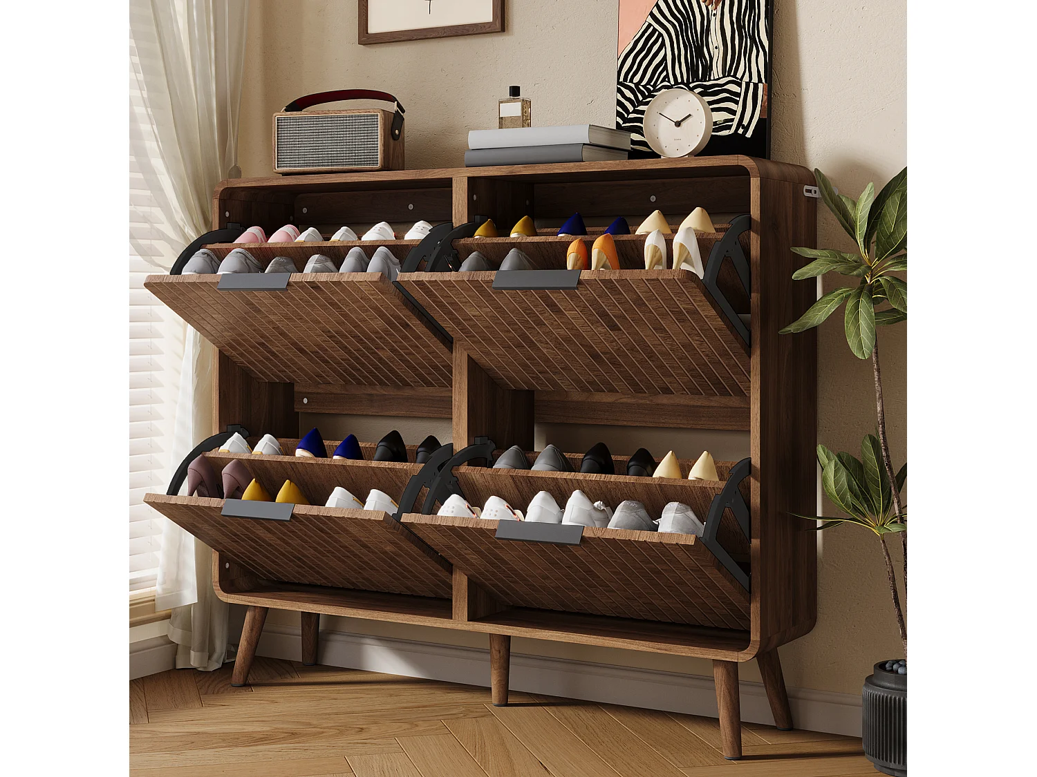 Modernt skoskåp i valnöt - 105 x 24 x 90 cm - med 2 hyllor - MDF - brun