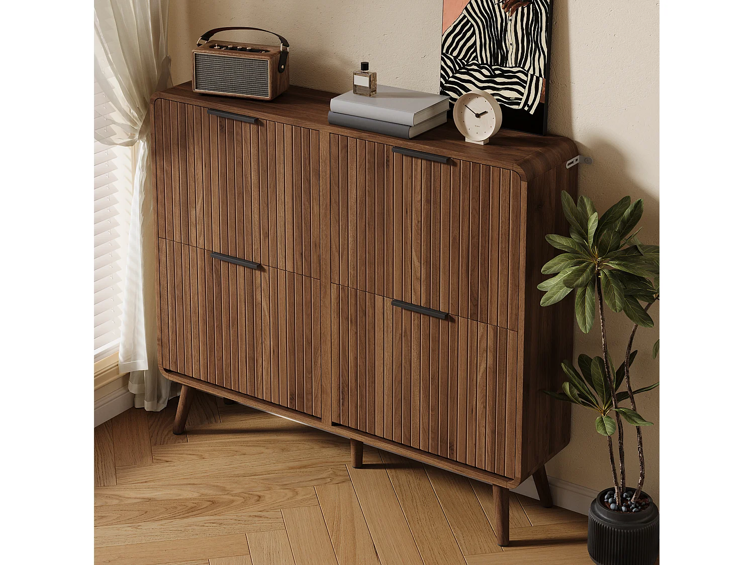 Modernt skoskåp i valnöt - 105 x 24 x 90 cm - med 2 hyllor - MDF - brun