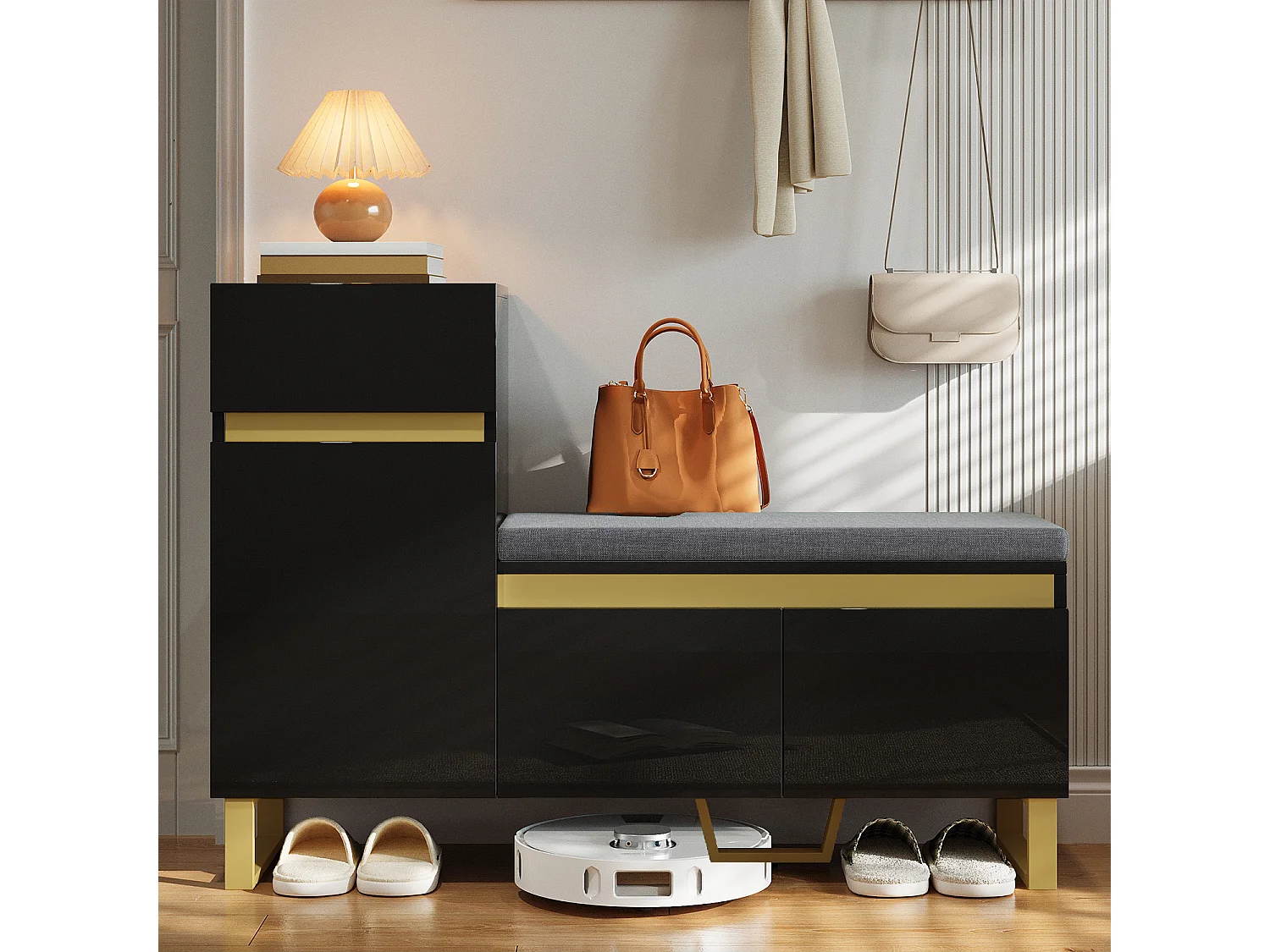 Schuhschrank für den Eingangsbereich – 120 x 35 x 85 cm – mit 2 Türen + 1 Schublade + Sitzbank – MDF – schwarz