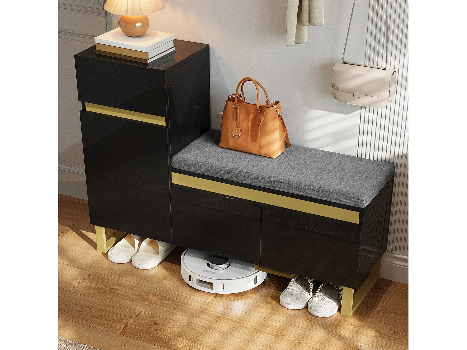 Schuhschrank für den Eingangsbereich – 120 x 35 x 85 cm – mit 2 Türen + 1 Schublade + Sitzbank – MDF – schwarz