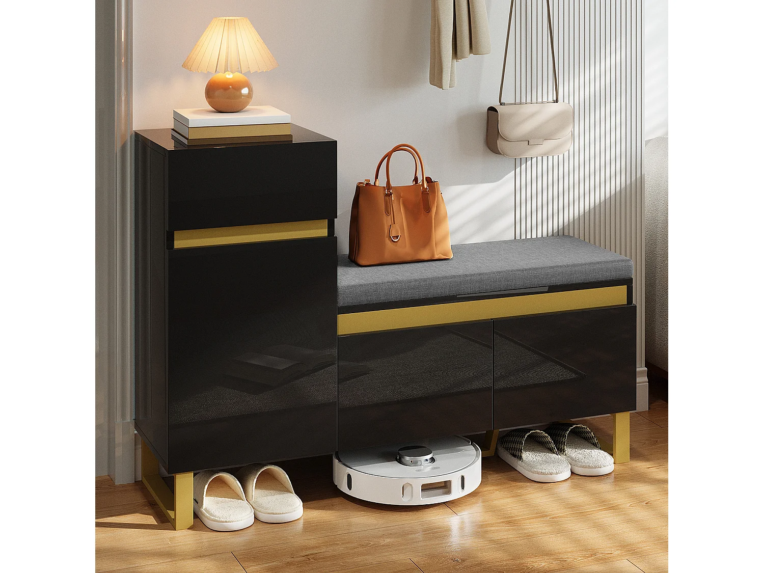 Schuhschrank für den Eingangsbereich – 120 x 35 x 85 cm – mit 2 Türen + 1 Schublade + Sitzbank – MDF – schwarz