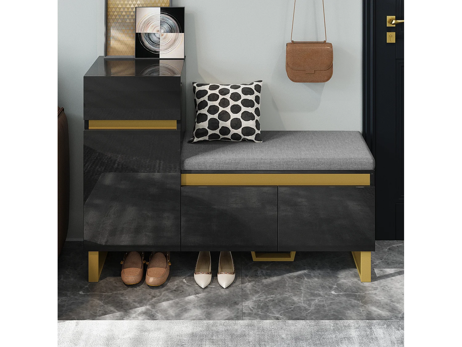 Schuhschrank für den Eingangsbereich – 120 x 35 x 85 cm – mit 2 Türen + 1 Schublade + Sitzbank – MDF – schwarz