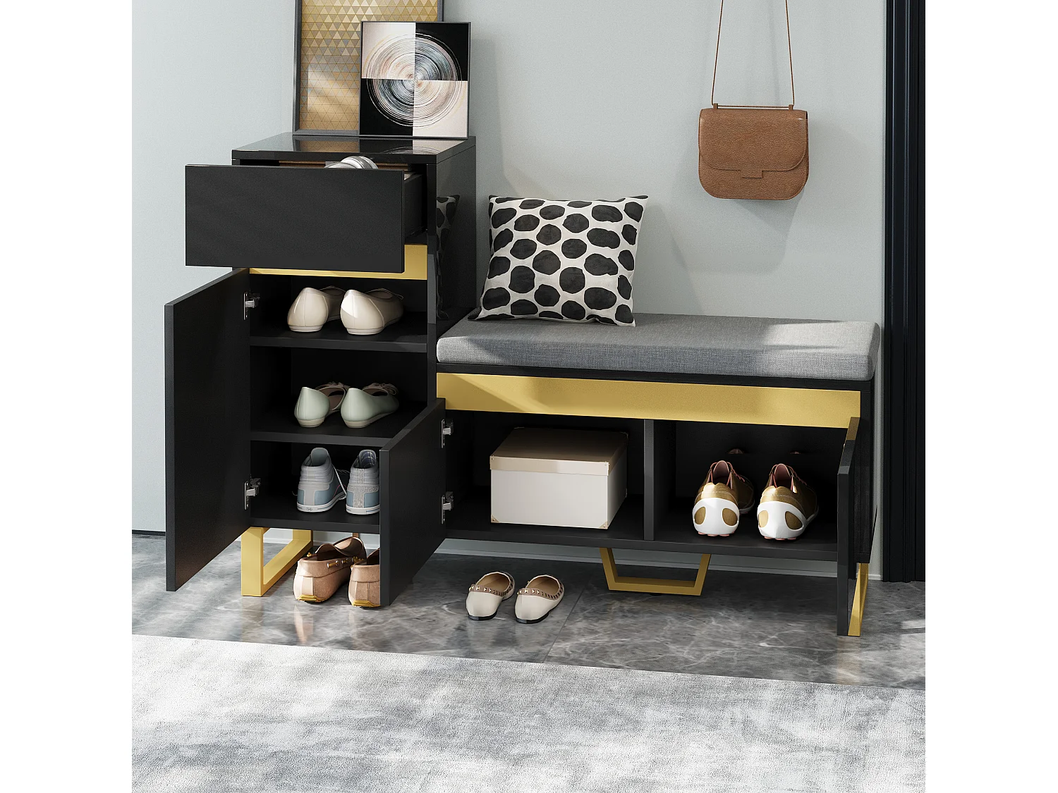 Schuhschrank für den Eingangsbereich – 120 x 35 x 85 cm – mit 2 Türen + 1 Schublade + Sitzbank – MDF – schwarz