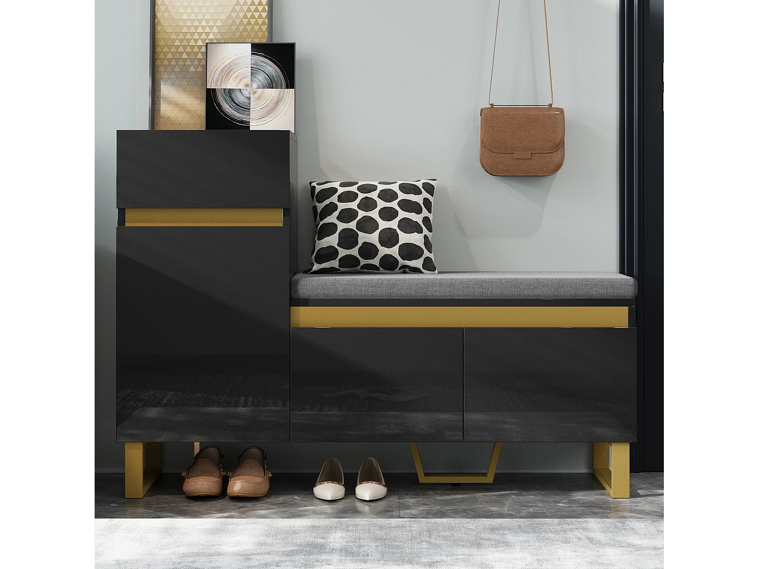 Schuhschrank für den Eingangsbereich – 120 x 35 x 85 cm – mit 2 Türen + 1 Schublade + Sitzbank – MDF – schwarz