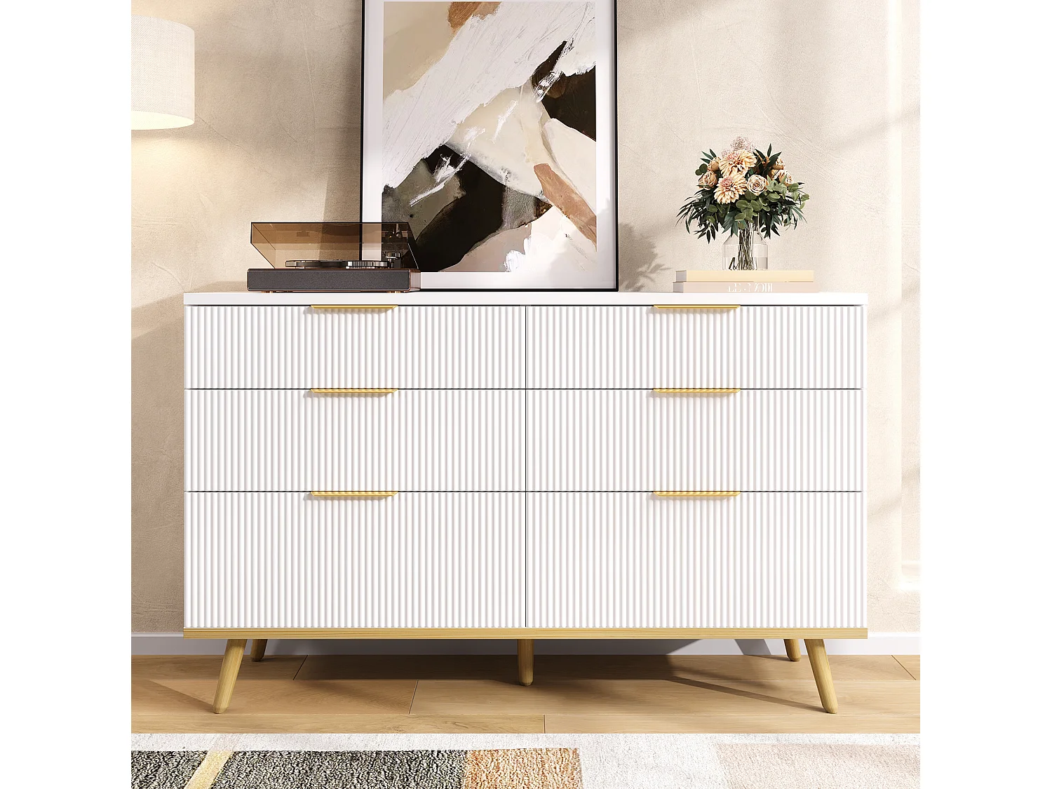 Moderne Kommode mit 6 Schubladen und Beinen in Holzoptik – 120 x 40 x 76,5 cm – für Wohnzimmer/Schlafzimmer/Flur – Spanplatte – weiß