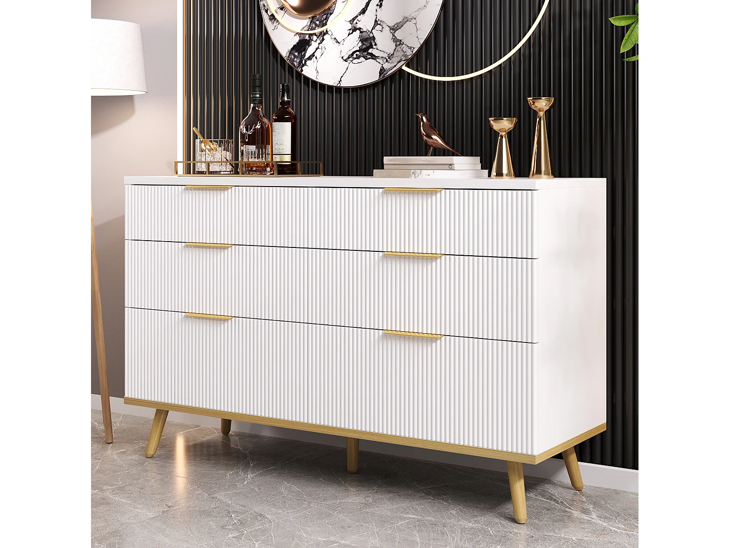 Moderne Kommode mit 6 Schubladen und Beinen in Holzoptik – 120 x 40 x 76,5 cm – für Wohnzimmer/Schlafzimmer/Flur – Spanplatte – weiß