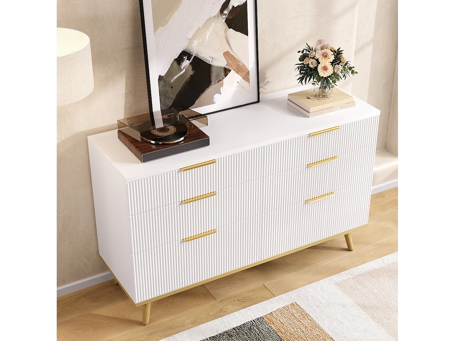 Moderne Kommode mit 6 Schubladen und Beinen in Holzoptik – 120 x 40 x 76,5 cm – für Wohnzimmer/Schlafzimmer/Flur – Spanplatte – weiß