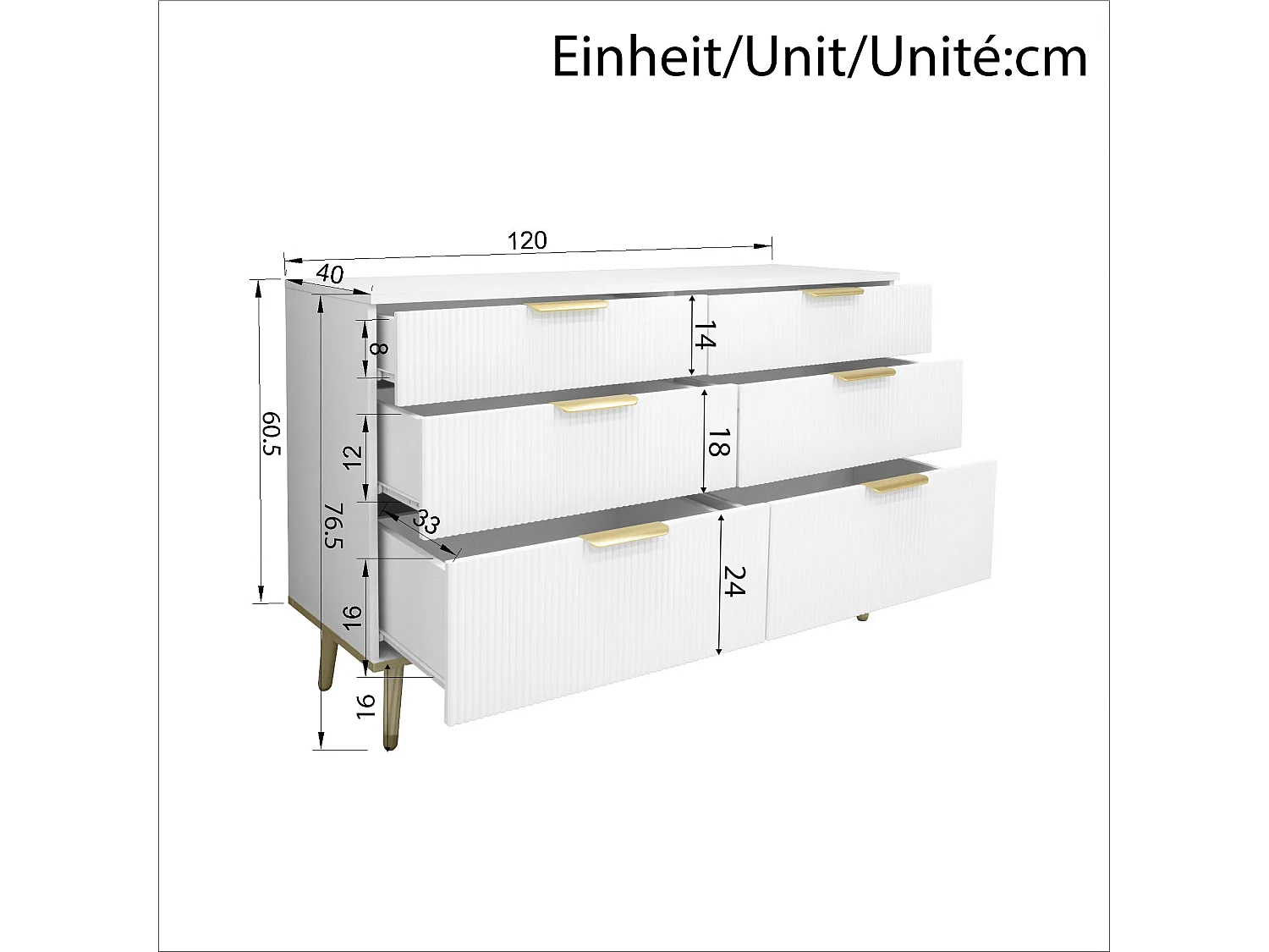 Moderne Kommode mit 6 Schubladen und Beinen in Holzoptik – 120 x 40 x 76,5 cm – für Wohnzimmer/Schlafzimmer/Flur – Spanplatte – weiß