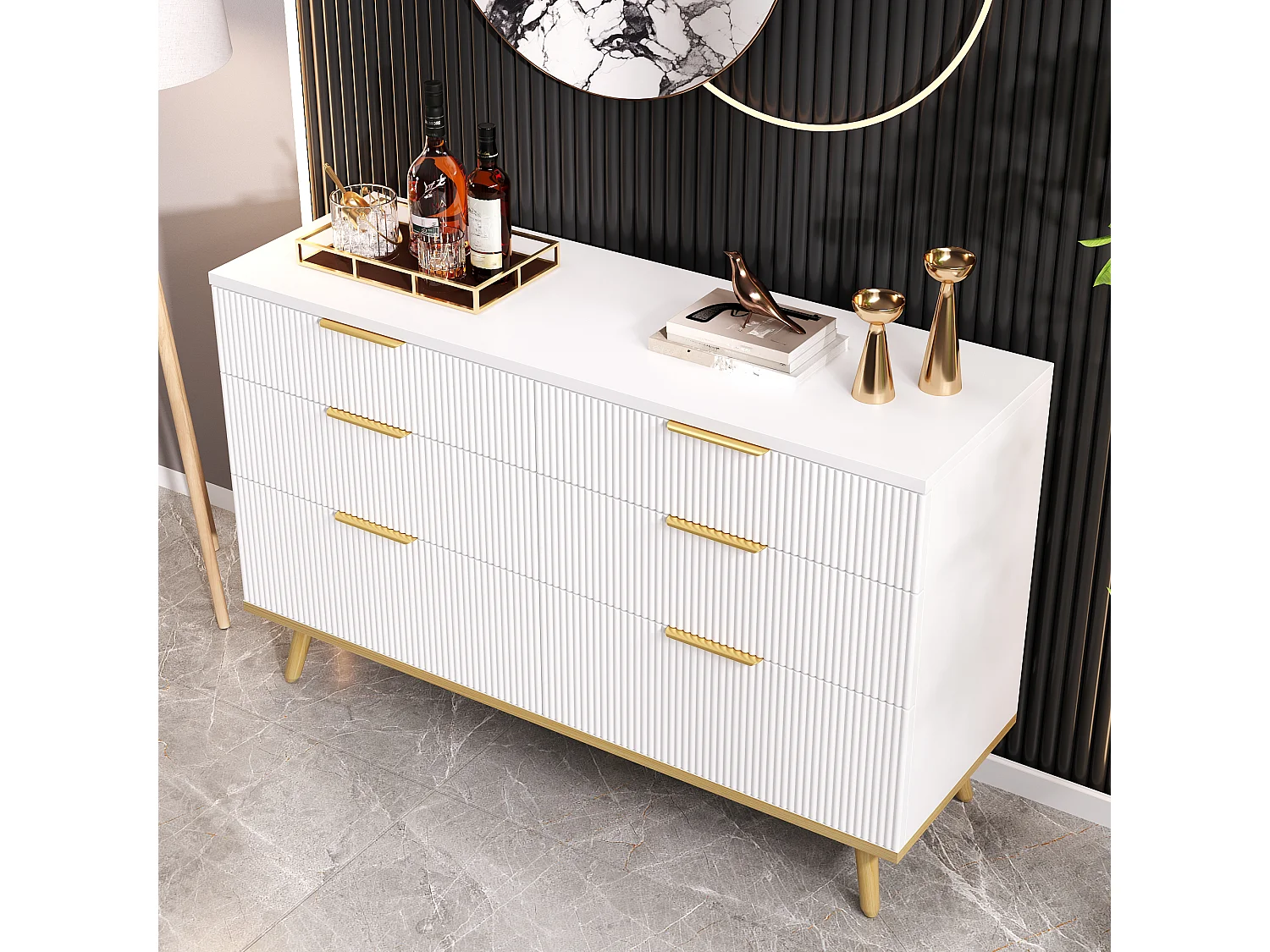 Moderne Kommode mit 6 Schubladen und Beinen in Holzoptik – 120 x 40 x 76,5 cm – für Wohnzimmer/Schlafzimmer/Flur – Spanplatte – weiß