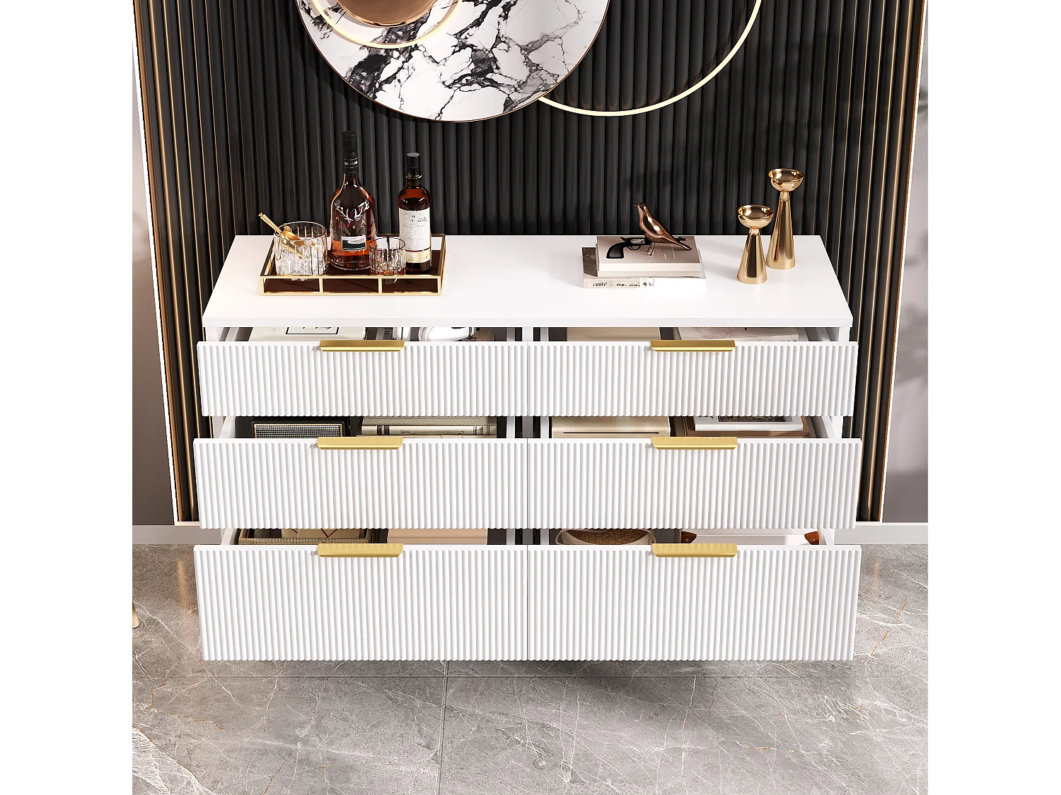 Moderne Kommode mit 6 Schubladen und Beinen in Holzoptik – 120 x 40 x 76,5 cm – für Wohnzimmer/Schlafzimmer/Flur – Spanplatte – weiß