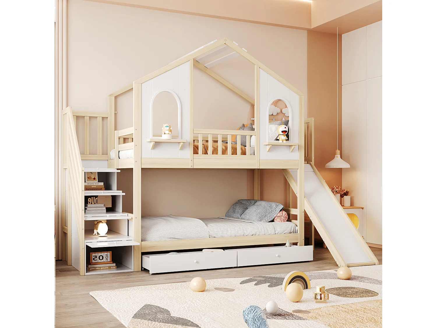 Lit superposés enfant - 2 x 90 x 200 cm - en forme de maison - avec escalier de rangement + tiroirs - bois - blanc + naturel