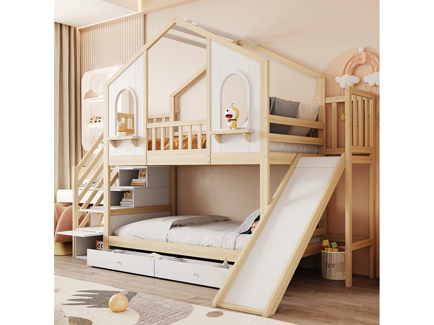 Lit superposés enfant - 2 x 90 x 200 cm - en forme de maison - avec escalier de rangement + tiroirs - bois - blanc + naturel