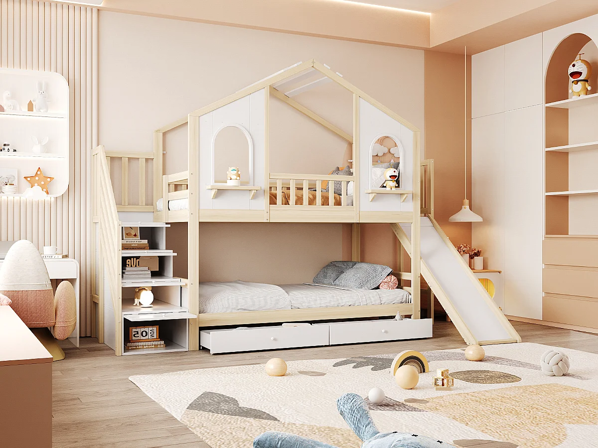 Lit superposés enfant - 2 x 90 x 200 cm - en forme de maison - avec escalier de rangement + tiroirs - bois - blanc + naturel
