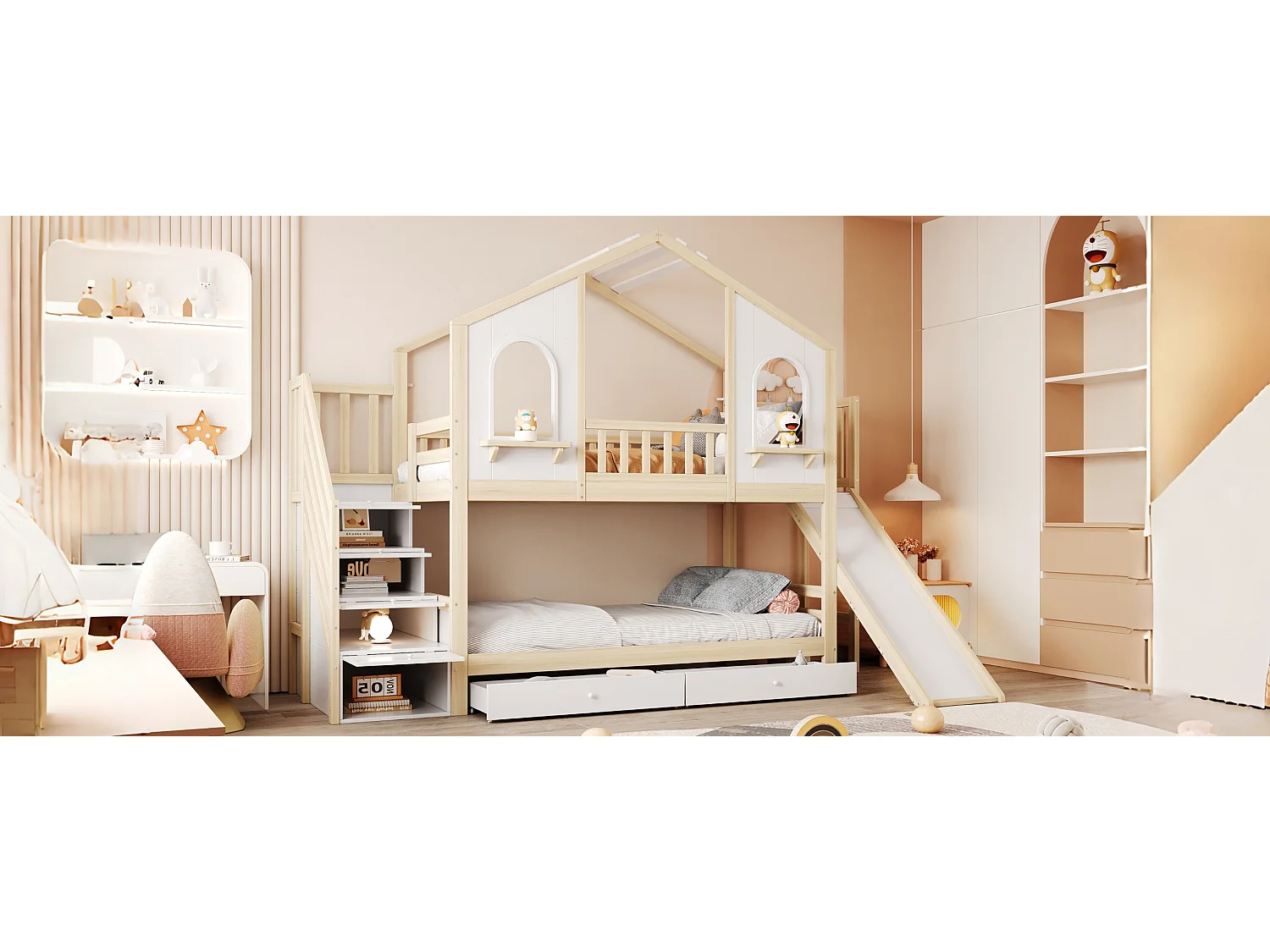 Lit superposés enfant - 2 x 90 x 200 cm - en forme de maison - avec escalier de rangement + tiroirs - bois - blanc + naturel