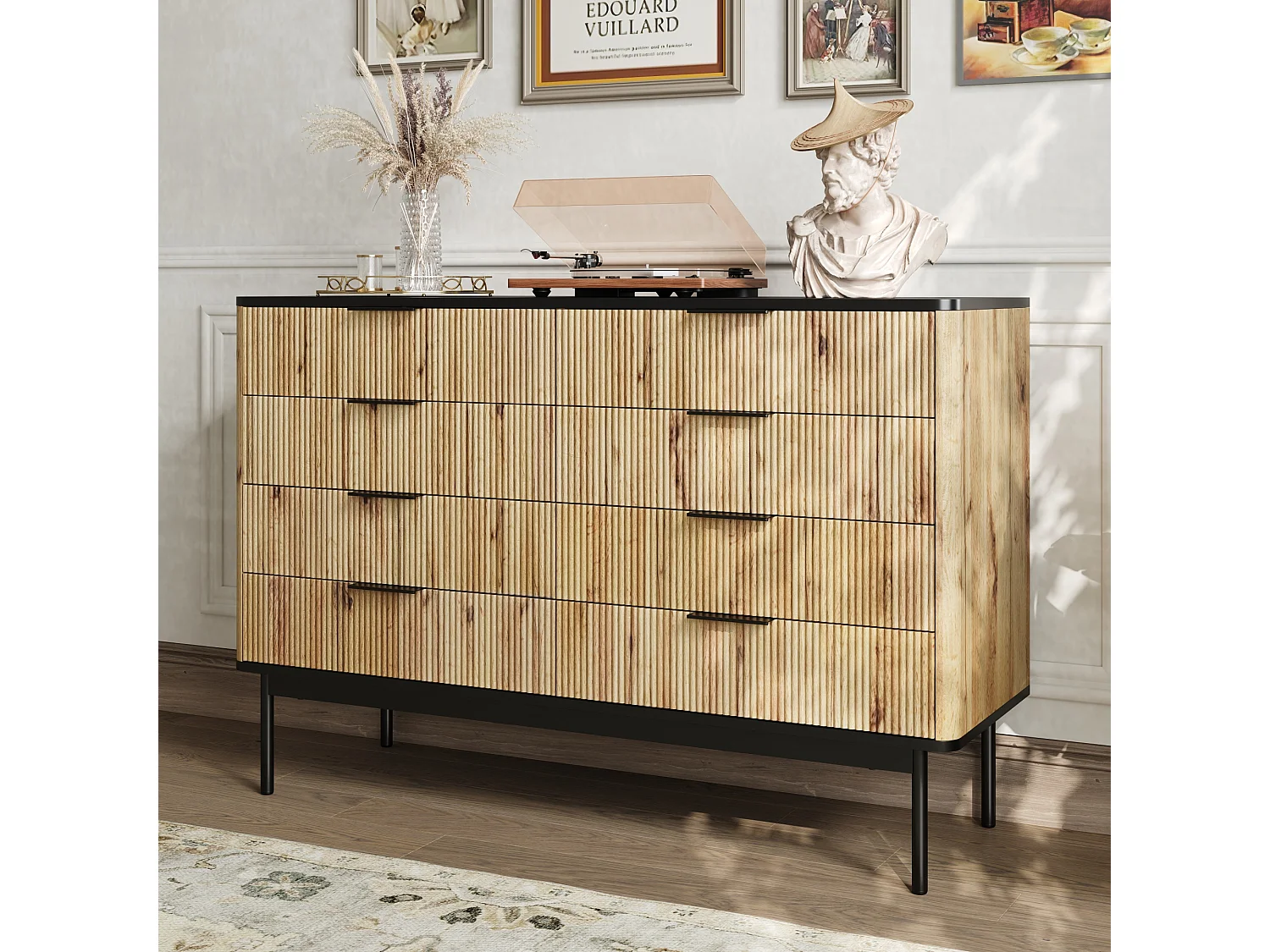 Moderne ladekast met 8 laden - 120 x 39,5 x 80 cm - voor woonkamer/eetkamer/hal - MDF - zwart + naturel