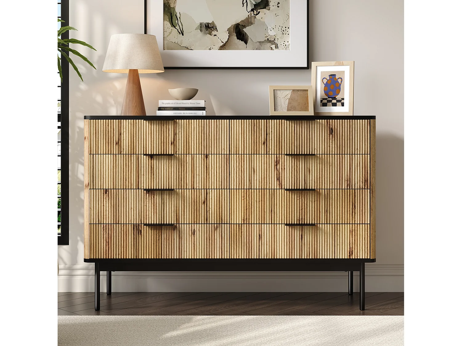 Moderne ladekast met 8 laden - 120 x 39,5 x 80 cm - voor woonkamer/eetkamer/hal - MDF - zwart + naturel