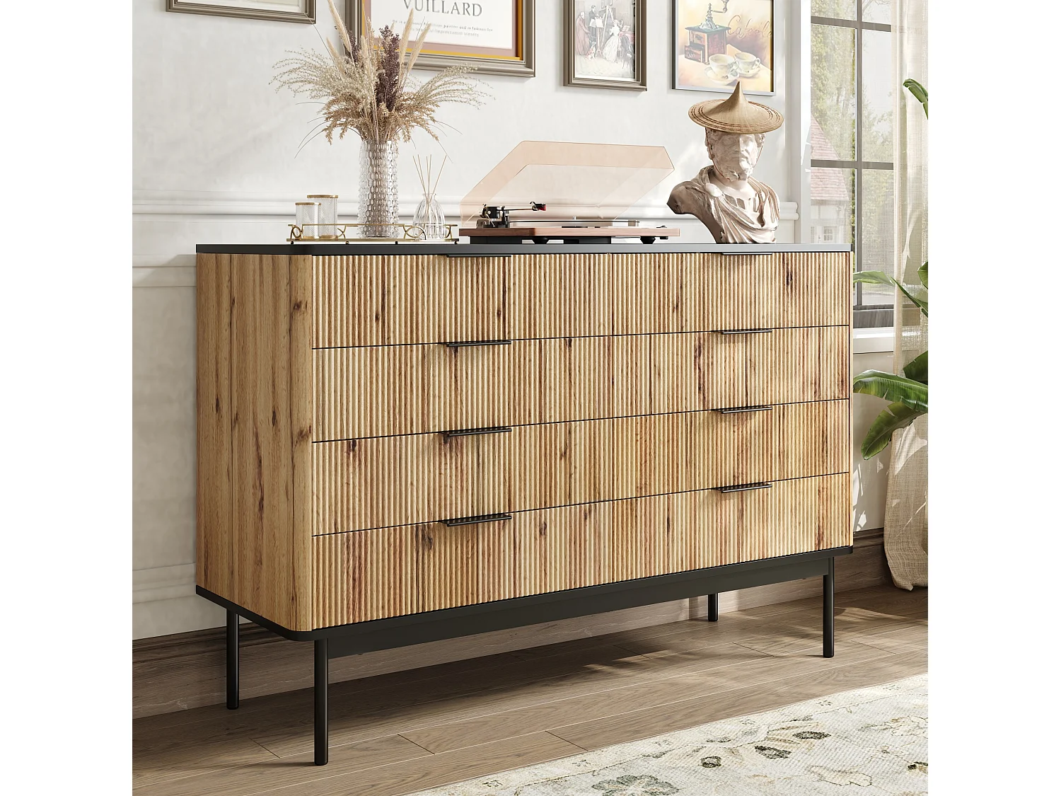 Moderne ladekast met 8 laden - 120 x 39,5 x 80 cm - voor woonkamer/eetkamer/hal - MDF - zwart + naturel