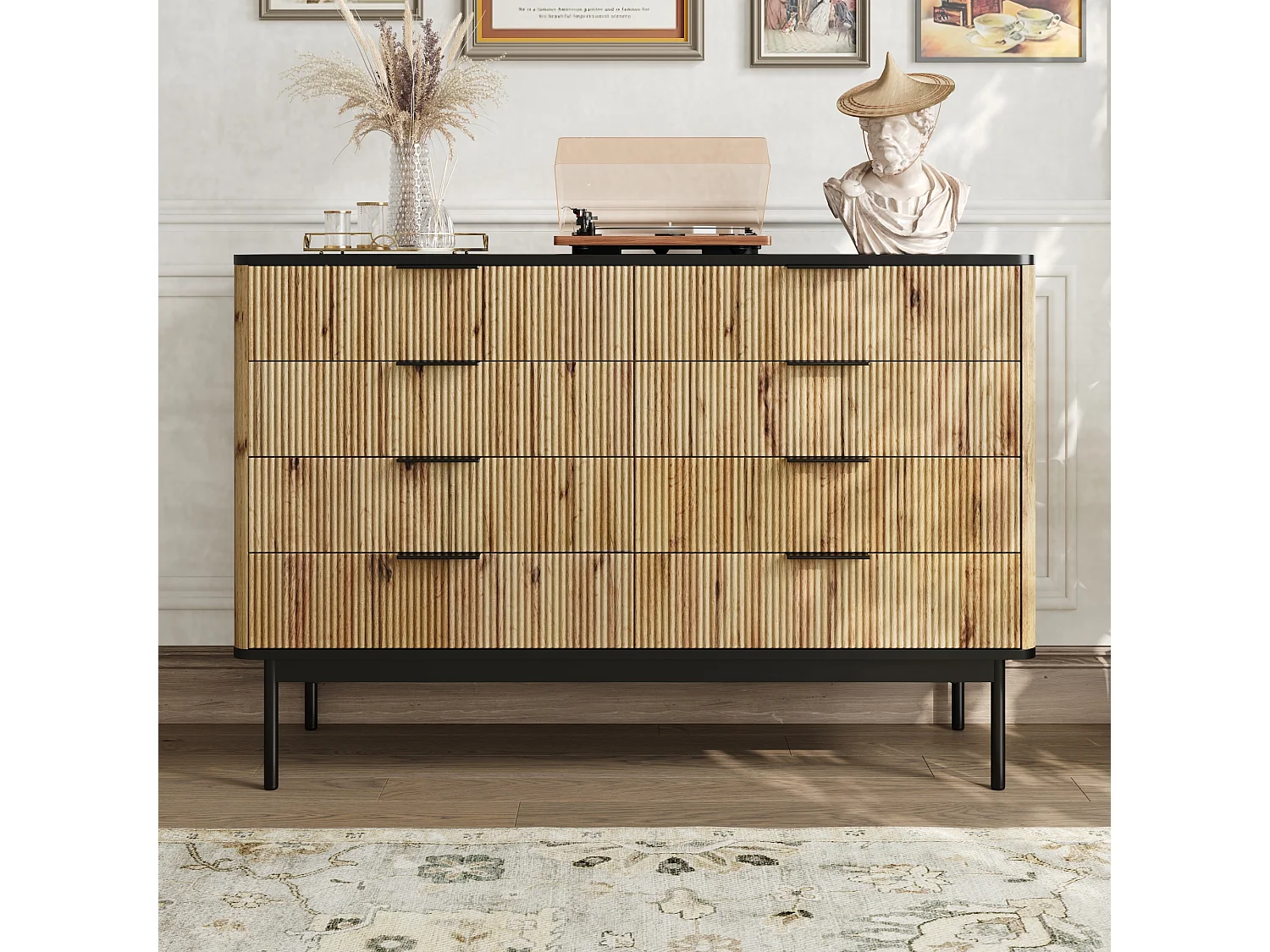 Commodes modernes à 8 tirors - 120 x 39.5 x 80 cm - pour salon/salle à manger/entrée -  MDF - noir + naturel