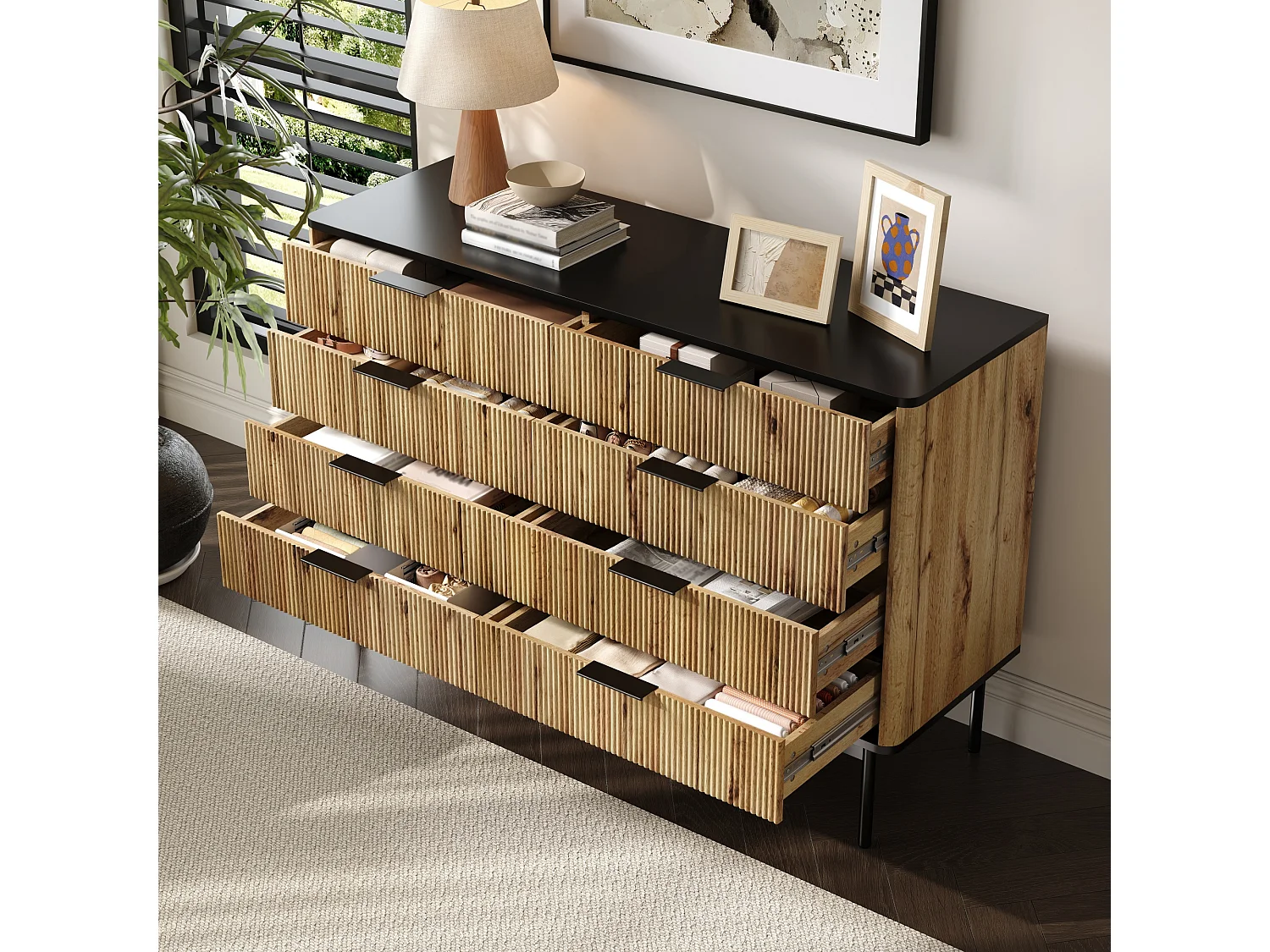 Commodes modernes à 8 tirors - 120 x 39.5 x 80 cm - pour salon/salle à manger/entrée -  MDF - noir + naturel