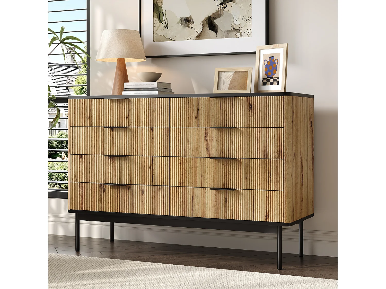 Commodes modernes à 8 tirors - 120 x 39.5 x 80 cm - pour salon/salle à manger/entrée -  MDF - noir + naturel