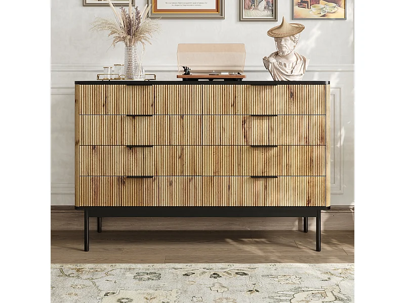 Moderne Kommode mit 8 Schubladen – 120 x 39,5 x 80 cm – für Wohnzimmer/Esszimmer/Flur – MDF – schwarz + natur