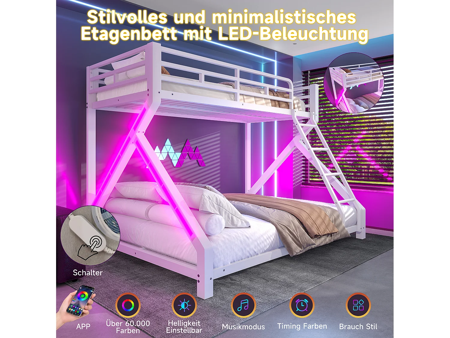 Beliche infantil - 90 x 200 cm + 140 x 200 cm - estrutura de ferro - com LEDs + grade de segurança - Metal - branco