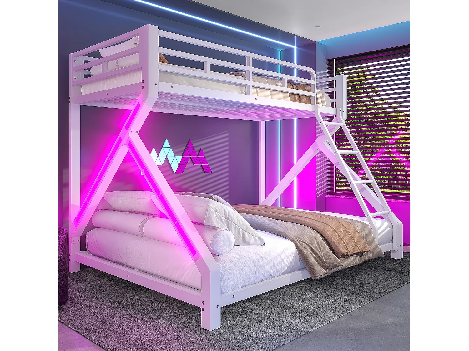 Beliche infantil - 90 x 200 cm + 140 x 200 cm - estrutura de ferro - com LEDs + grade de segurança - Metal - branco