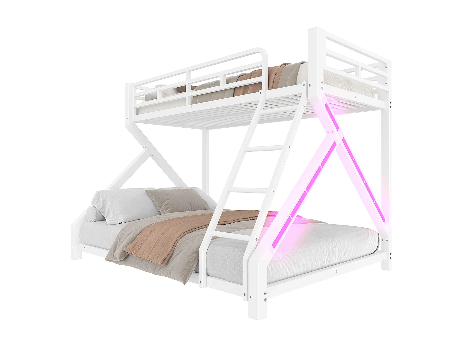 Beliche infantil - 90 x 200 cm + 140 x 200 cm - estrutura de ferro - com LEDs + grade de segurança - Metal - branco