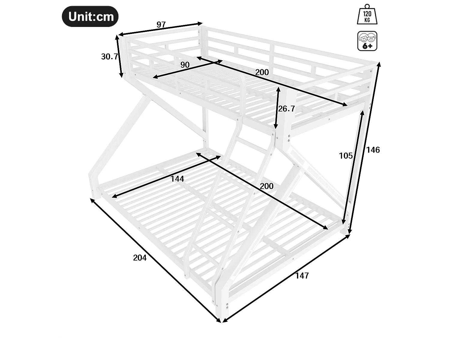 Beliche infantil - 90 x 200 cm + 140 x 200 cm - estrutura de ferro - com LEDs + grade de segurança - Metal - branco