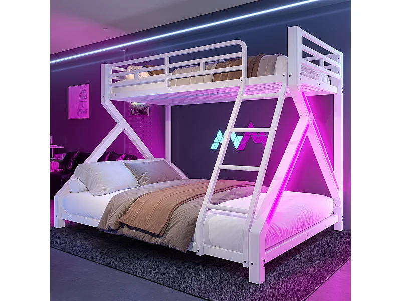 Lit superposé enfant - 90 x 200 cm + 140 x 200 cm - structure en fer - avec Leds + barrière de sécurité - Métal - blanc