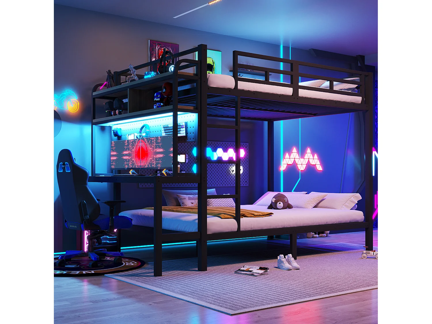 Lit superposé pour enfant - 2 x 140 x 200 cm - structure en fer - avec bureau + Leds + USB + étagère - métal - noir