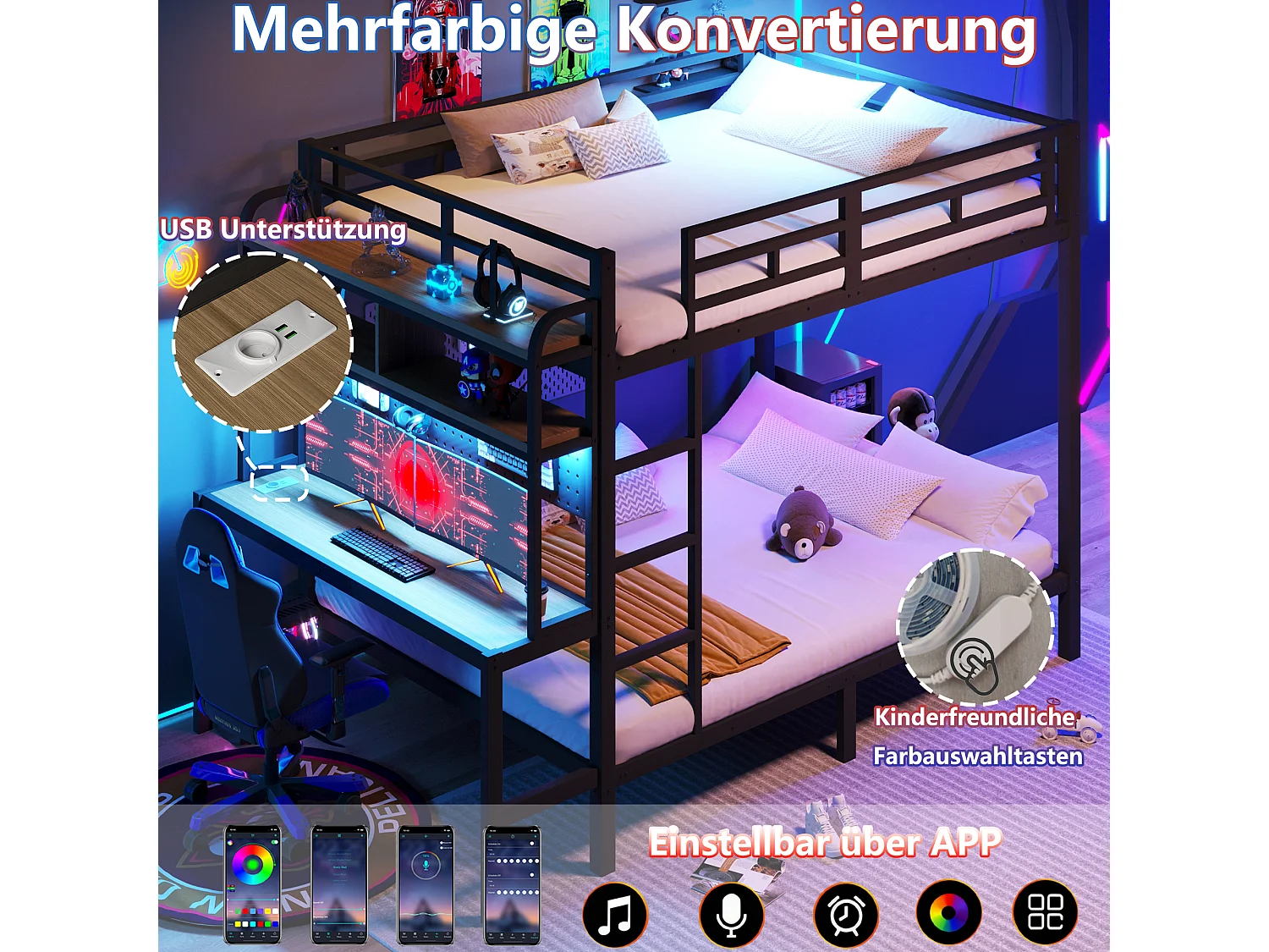 Lit superposé pour enfant - 2 x 140 x 200 cm - structure en fer - avec bureau + Leds + USB + étagère - métal - noir
